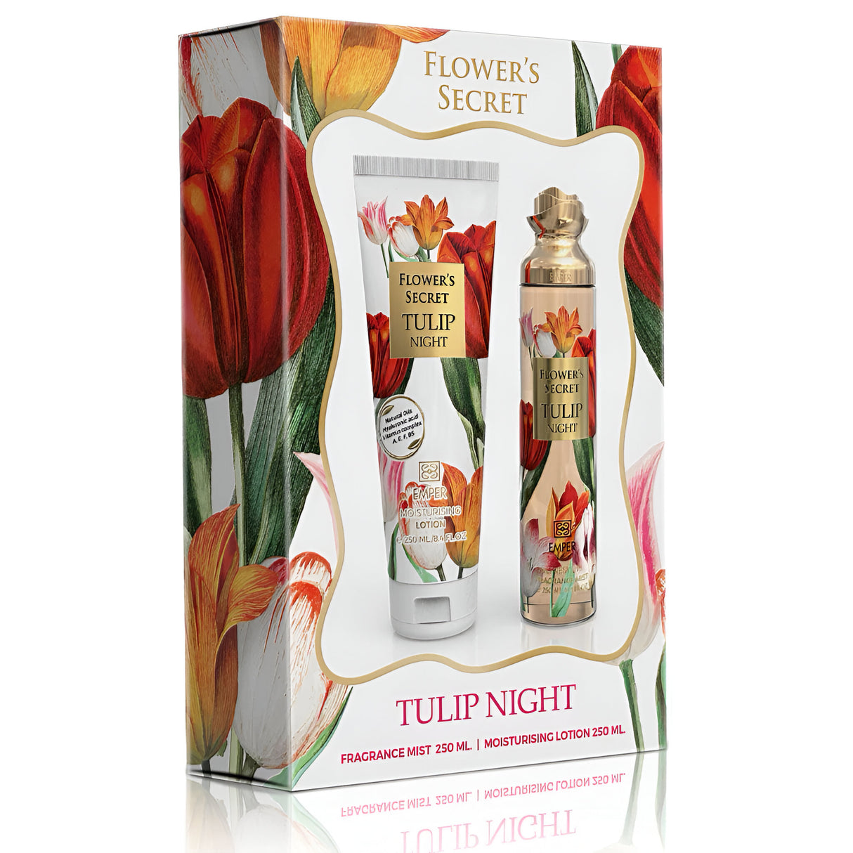 Flower's Secret Tulip Night SET Fragrance Mist  & Moisturizing Lotion (250ml ea) - The Perfect Gift Set for Any Date