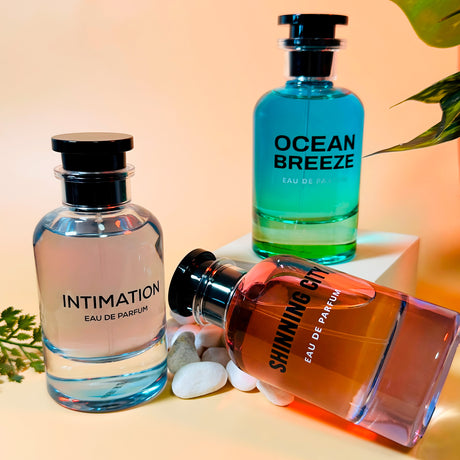 Set of 3 - Ocean Breeze, Shinning City and Intimation by Emper Perfumes - 3.4fl oz / 100ml each (Pack of 3) Eau de Parfum for Women and Men - Fresh Fragrance Bundle