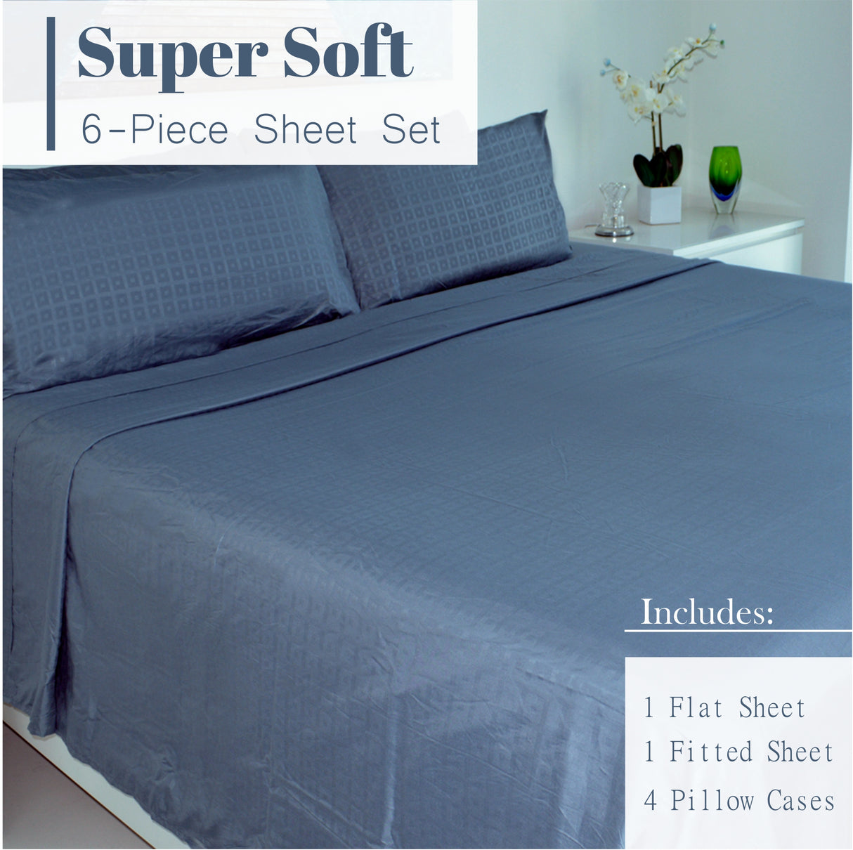 6 Piece of Premium King Sheet Set, 1800 counts & Deep Pockets - Super Soft -Gray