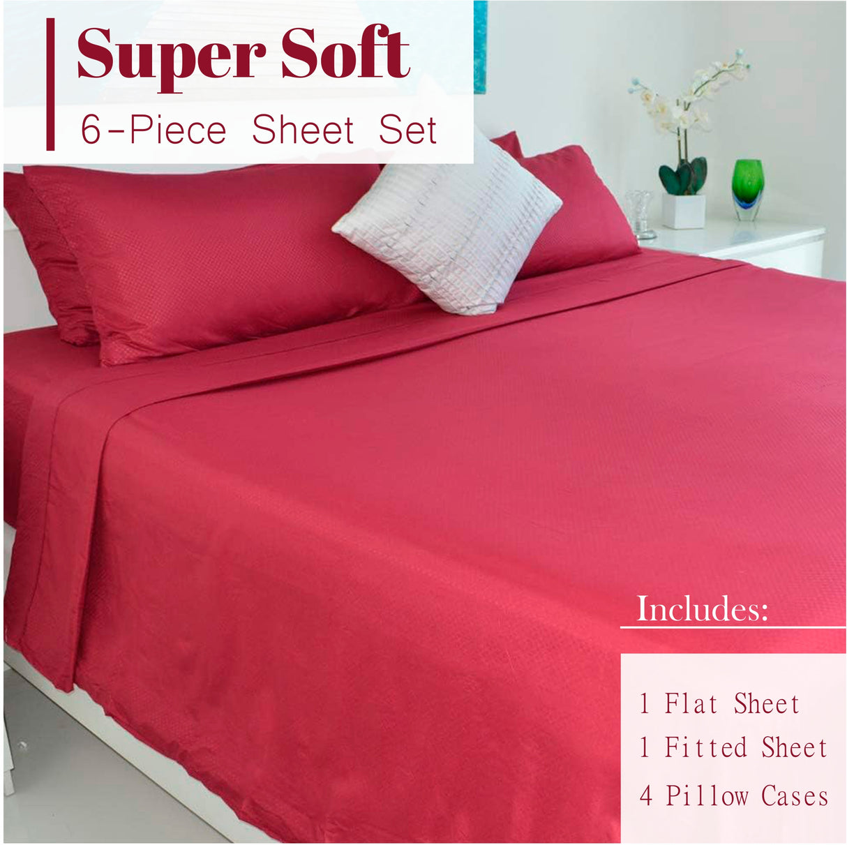 6 Piece of Premium King Sheet Set, 1800 counts & Deep Pockets - Super Soft -Red