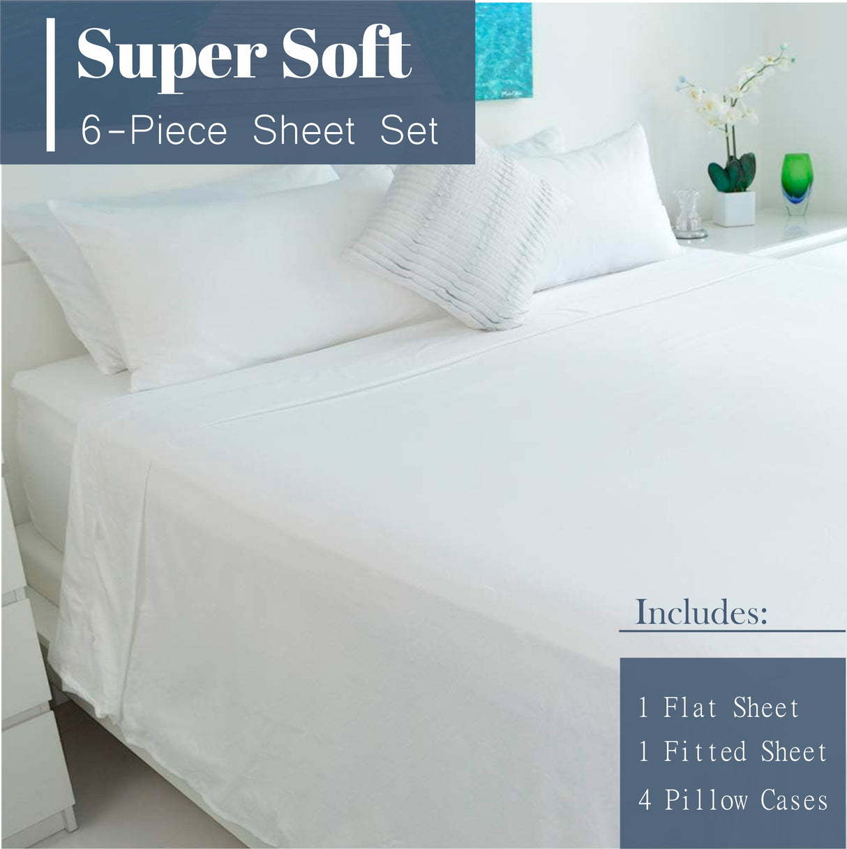 6 Piece of Premium Full Sheet Set, 2000 counts & Deep Pockets -Super Soft- White